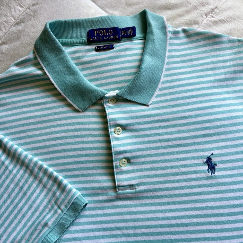 Polo Ralph Lauren Classic Fit SS Shirt Men XXL Mint Green Stripe Preppy Pony EUC